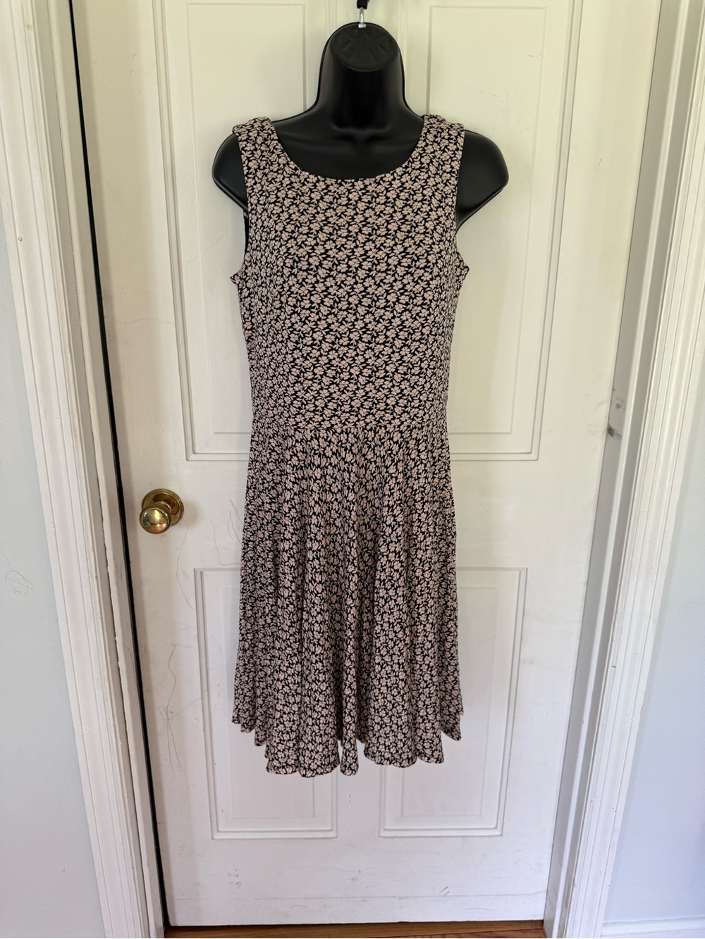 LOFT Black Sleeveless Midi Dress with Cream Floral Print